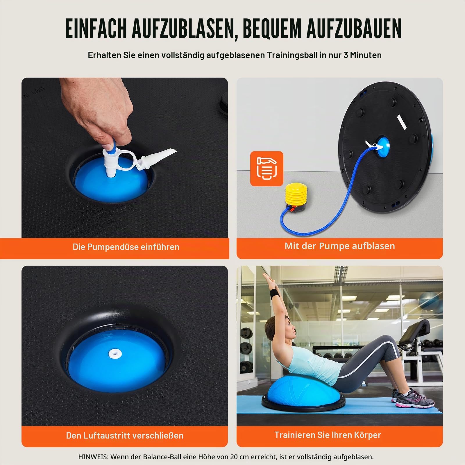 VEVOR Halb-Gymnastikball-Trainer, 58 cm Balance-Ball-Trainer, 300 kg Yoga-Ball mit Widerstandsbändern und Pumpe, Kraft-Fitnessball für das Heim-Fitnessstudio, Ganzkörpertraining, Blau