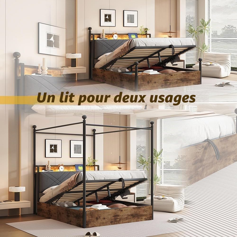 Sweiko Lit Simple Multifonctionnel en Fer 140 * 190 cm, Cadre de lit pour Adolescent avec mécanisme de Levage hydraulique, Espace de Rangement et baldaquin en Fer forgé, avec Montants Amovibles