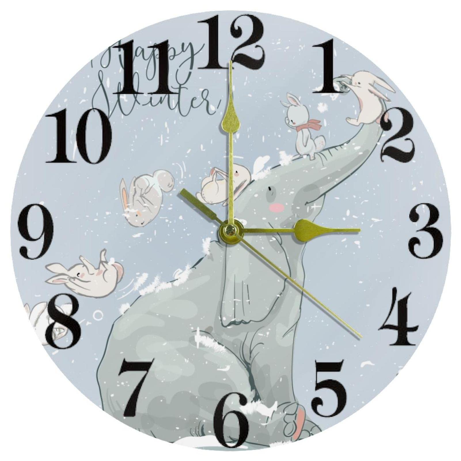 Horloge murale éléphant d'hiver silencieuse sans tic-tac à piles pour l'école