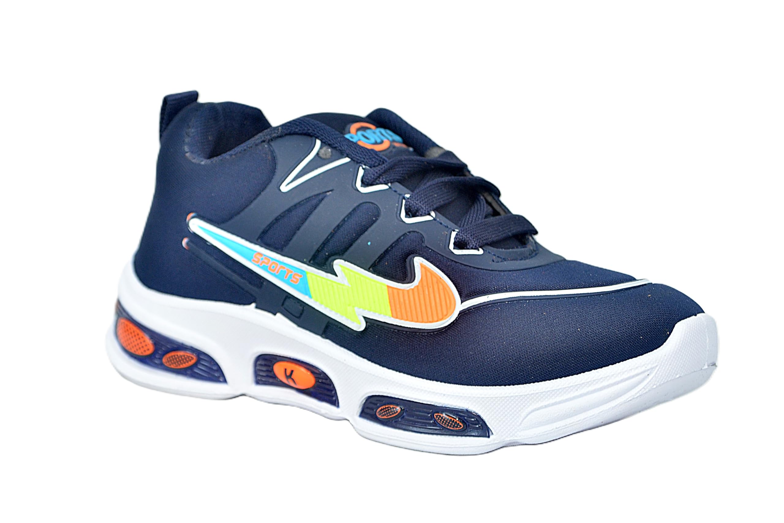 Kids Sports Running Shoe, Navy Blue Canvas, Low Top Athletic Shoes with Multicolored Design, Lightweight Casual Style for Boys, Lace-up Closure