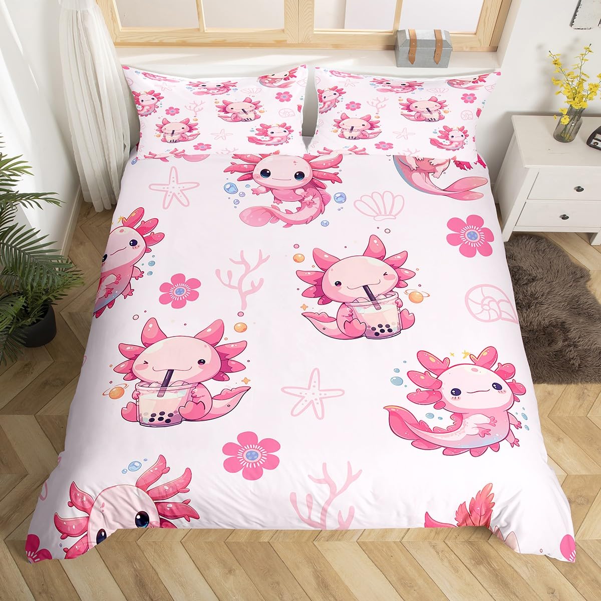 Homemissing Kids Pink Cute Axolotl Bedding Set Single Size Boys Girls Cartoon Salamander Comforter Cover Set Kawaii Ocean Sealife Sea Creatures Duvet Cover Reptile Animal Bedspread Cover