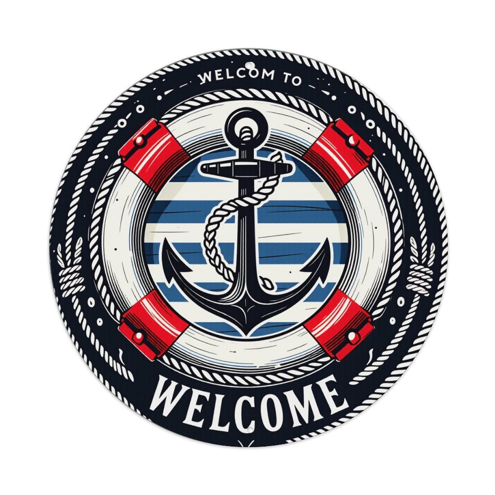 Nautical Anchor Lifebuoy Stripes Rope Welcome Design Round Vintage Tin Sign,Retro Wall Art,Metal Poster for Home, Bar, Garage, Cafe, Rustic Indoor & Outdoor Decor, 8x8 Inches