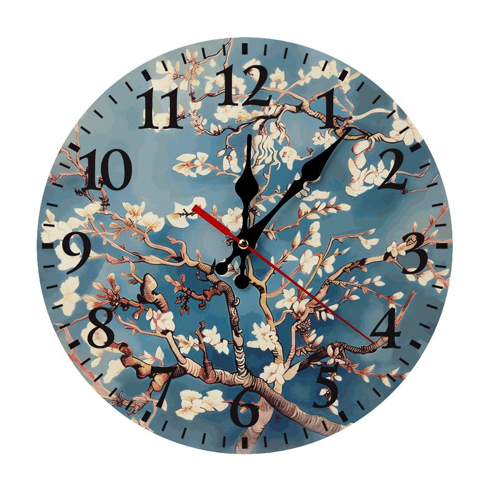 Horloge murale fleur d'amandier noire ronde de 30 cm fonctionnant avec piles pour la maison