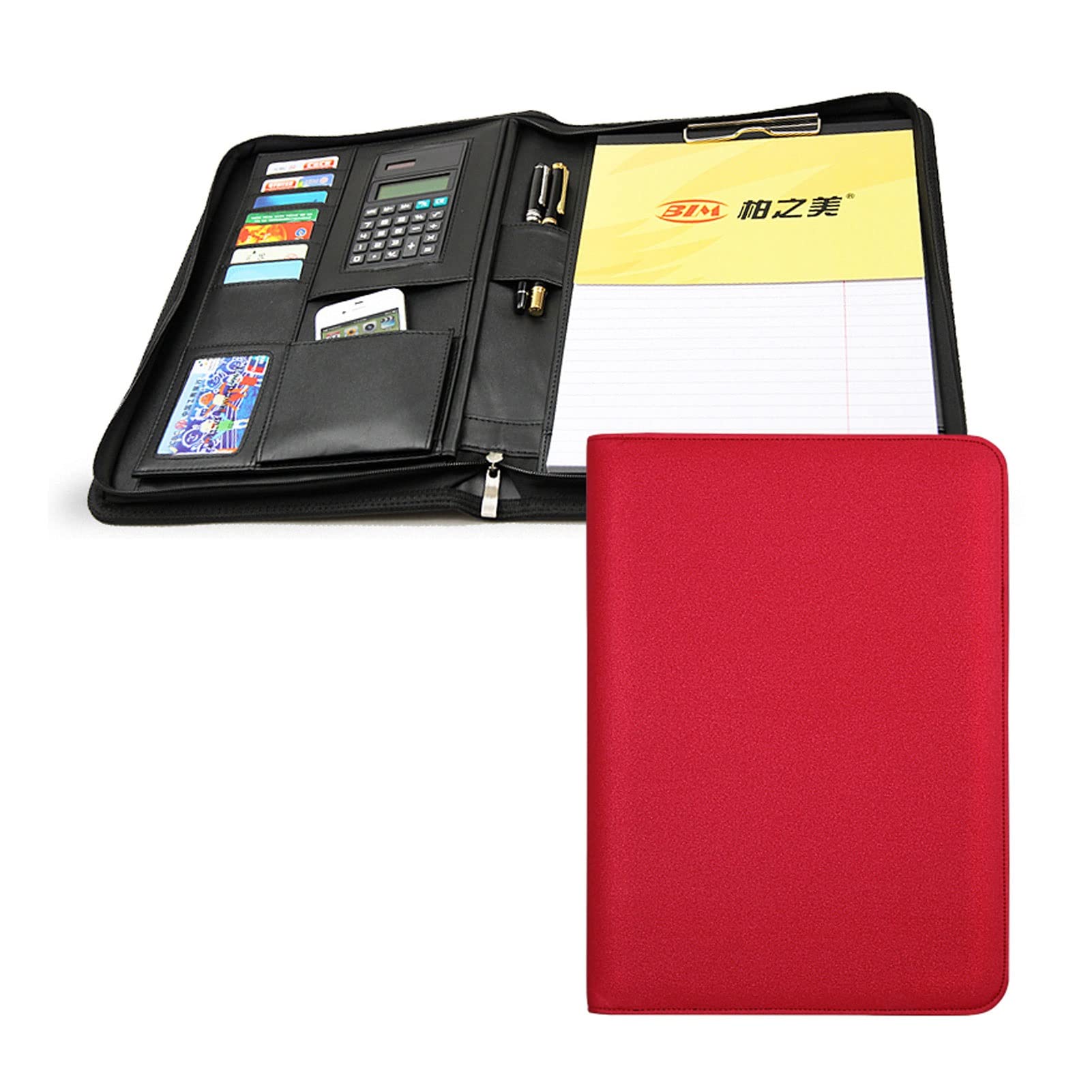 Porte documents A4 rouge étanche avec dossier de conférence zippé et calculatrice