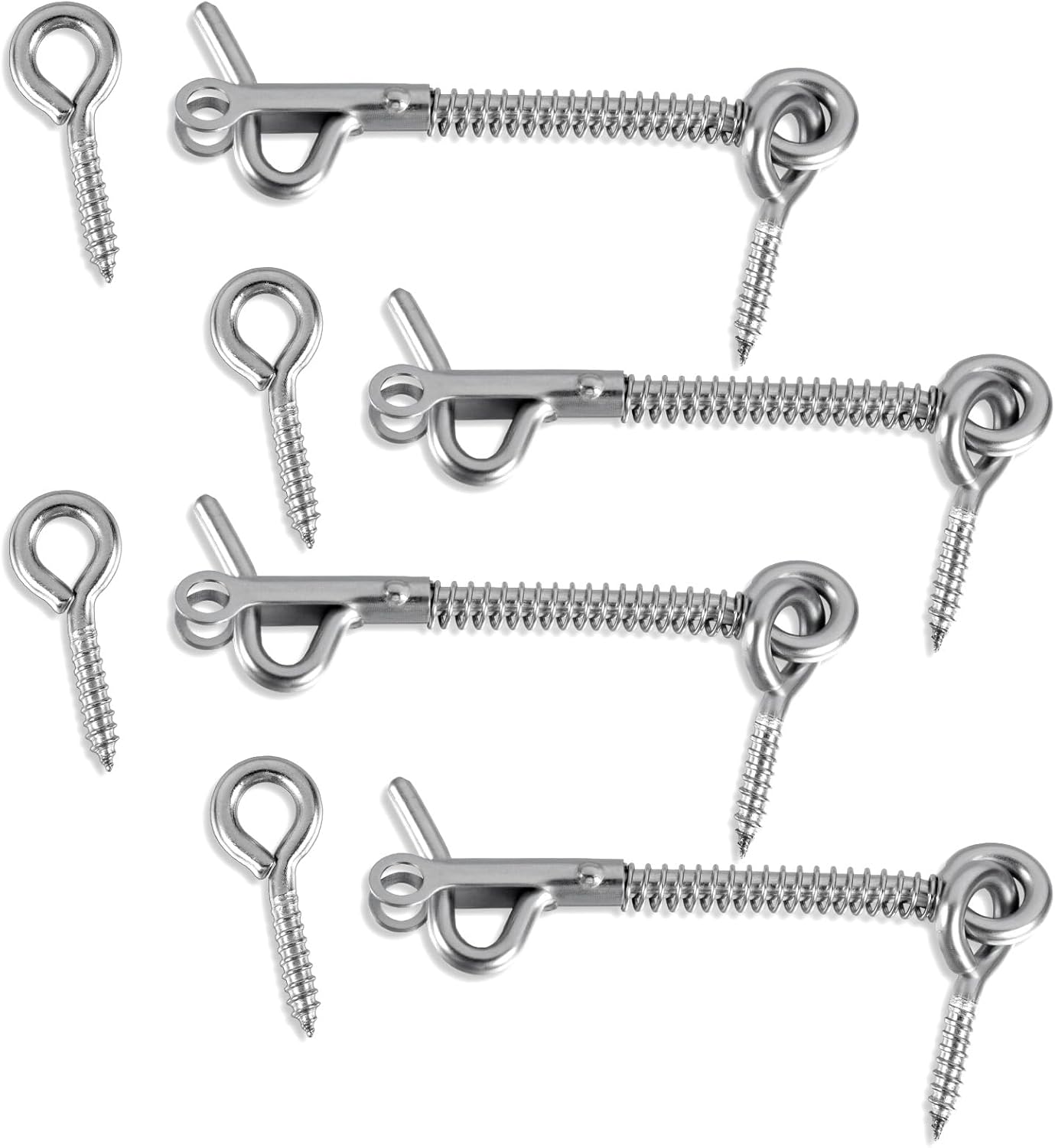 4PCS Stainless Steel Spring Hook and Eye Safety Latch, 3-Inch Wire Gate Hook and Eye Latch with Mounting Screws for Door, Window, Barn, Farm, Fence, Camping Trailer