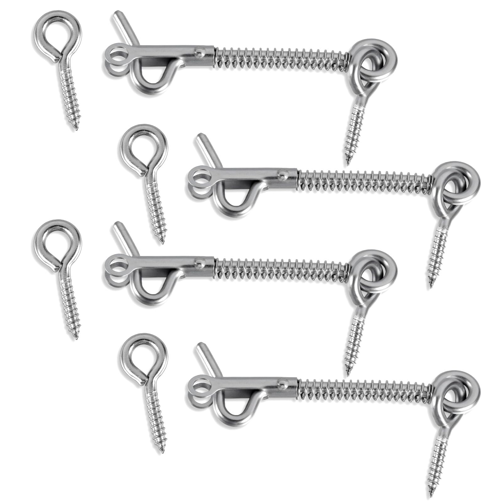 4PCS Stainless Steel Spring Hook and Eye Safety Latch, 3-Inch Wire Gate Hook and Eye Latch with Mounting Screws for Door, Window, Barn, Farm, Fence, Camping Trailer
