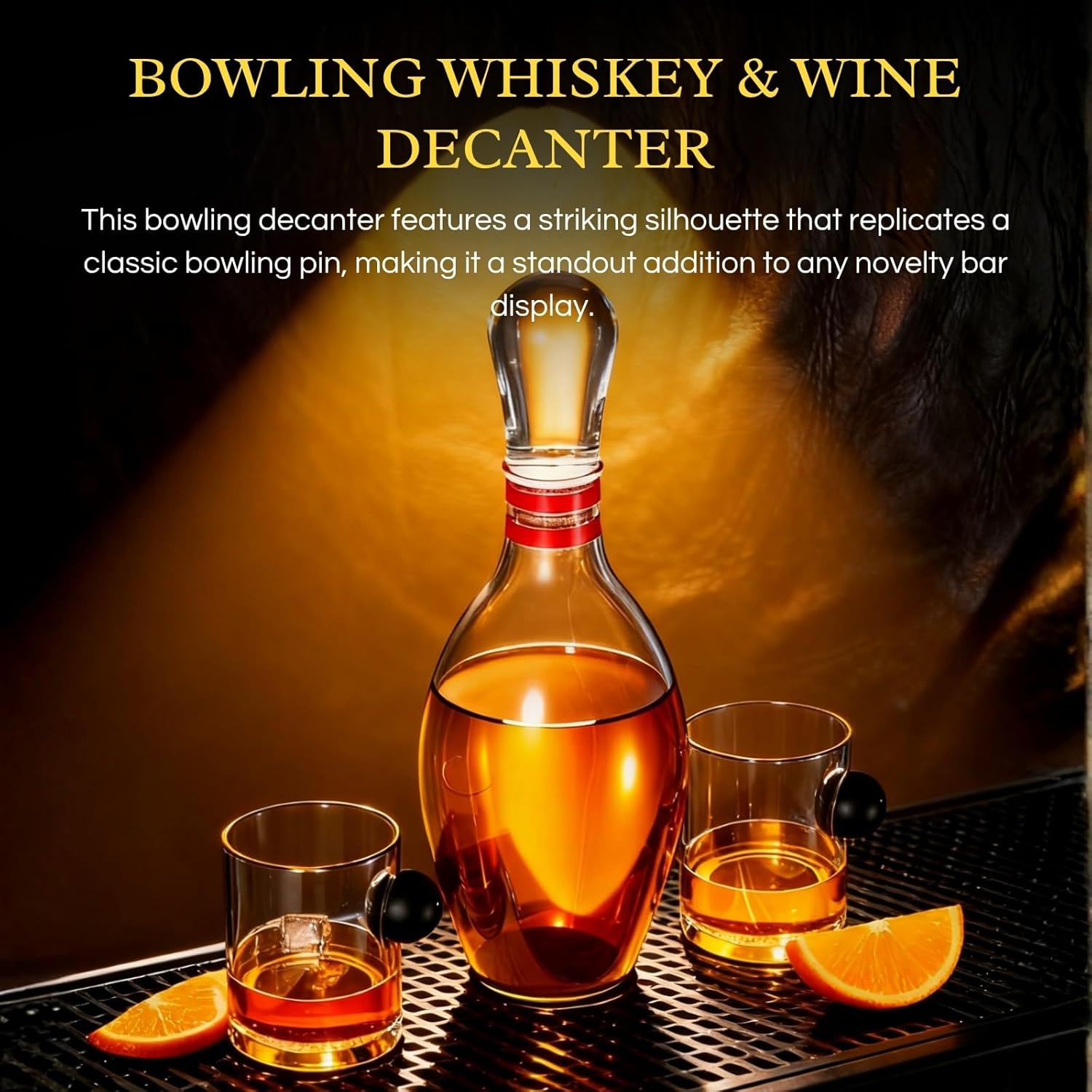 Bowling Pin Decanter Gift Set, Includes Premium Whiskey & Wine Shaped Like a Bowling Pin and 2 Matching Glasses on a Wooden Display Base | Unique Sports Bar, Home Bar, or Man Cave Gift for Men and Dad
