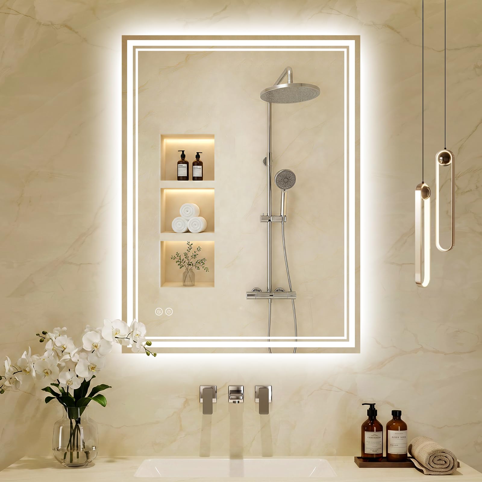 Zurehome Bathroom-Mirror-with-LED-Lights 60x80cm: LED Bathroom Mirror with Shaver Socket, Anti Fog, 3 Colors Dimmable, Touch Sensor, Memory Function Illuminated Smart Mirror for Wall
