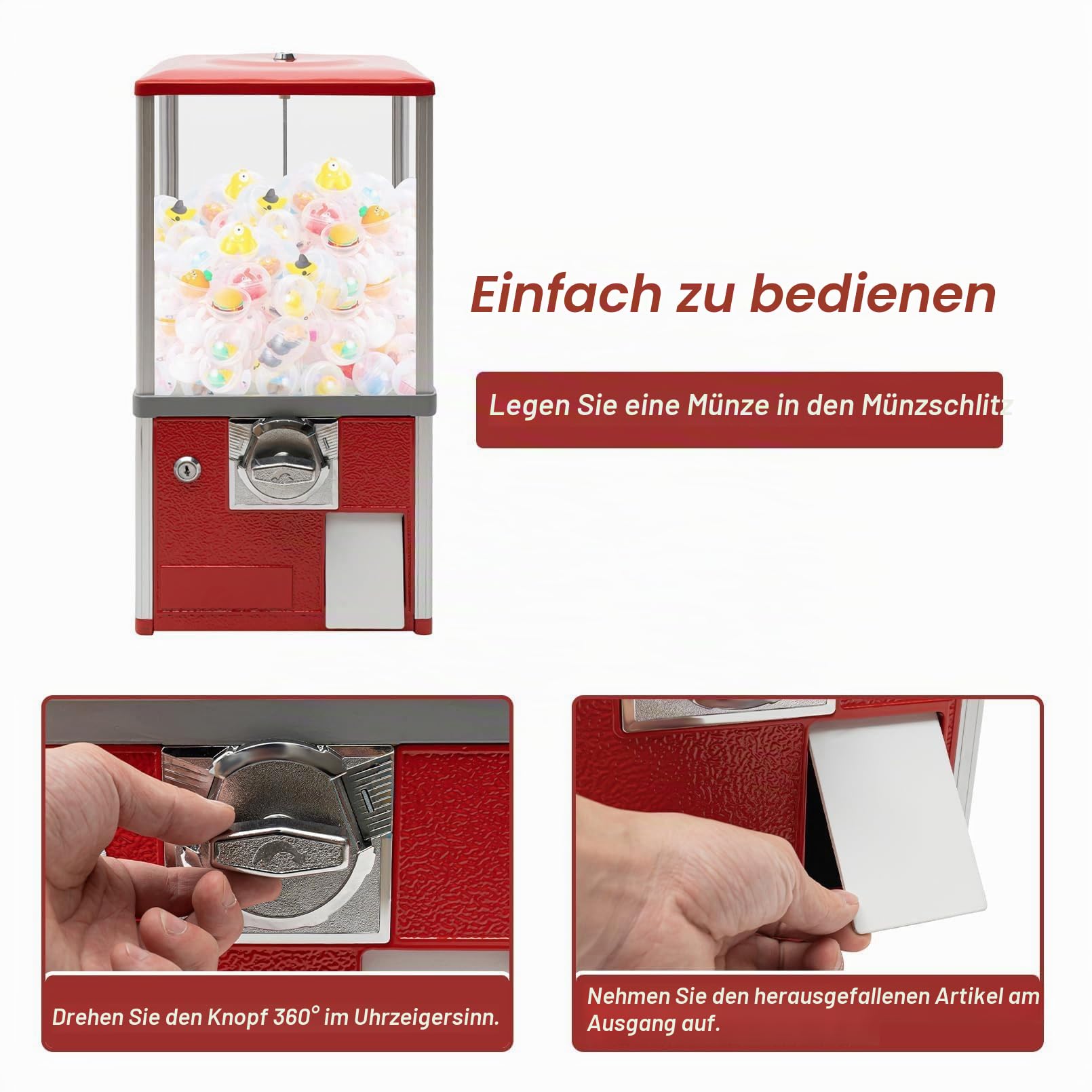 Verkaufsautomat mit Münzeinwurf,Großer Bonbon und Kaugummiautomat,Münzbetriebener Süßigkeitenautomat,Automatischer Kapsel Automat für Einzelhandelsgeschäfte,für Kapselspielzeug mit 4,5-5,5cm(Red,1 EUR