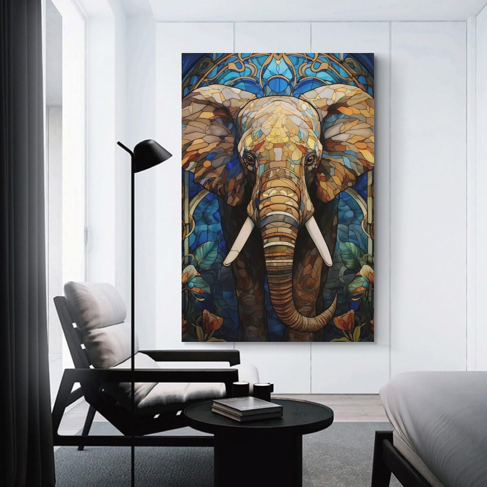 Junmoney Hanging Wall Art Stained Glass Elephant Art, 20x30inch(50x75cm), for Wall Displays, Bedrooms Or Room Updates, Decorative Artwork with Flexible Styling