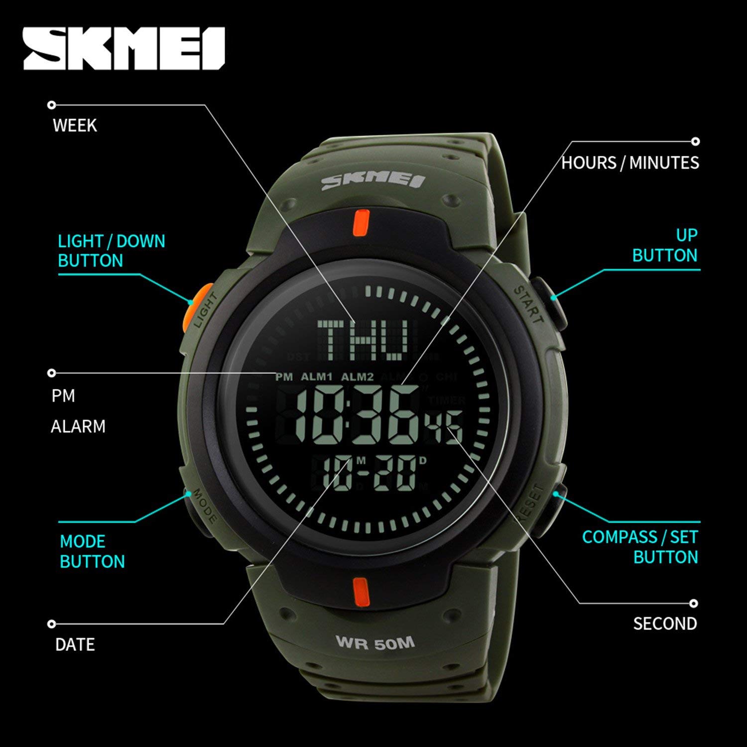 Montre numérique de sport militaire pour homme avec boussole de survie étanche jusqu'à 50 m, compte à rebours 3 alarmes, chronomètre (C-noir) (vert armée)