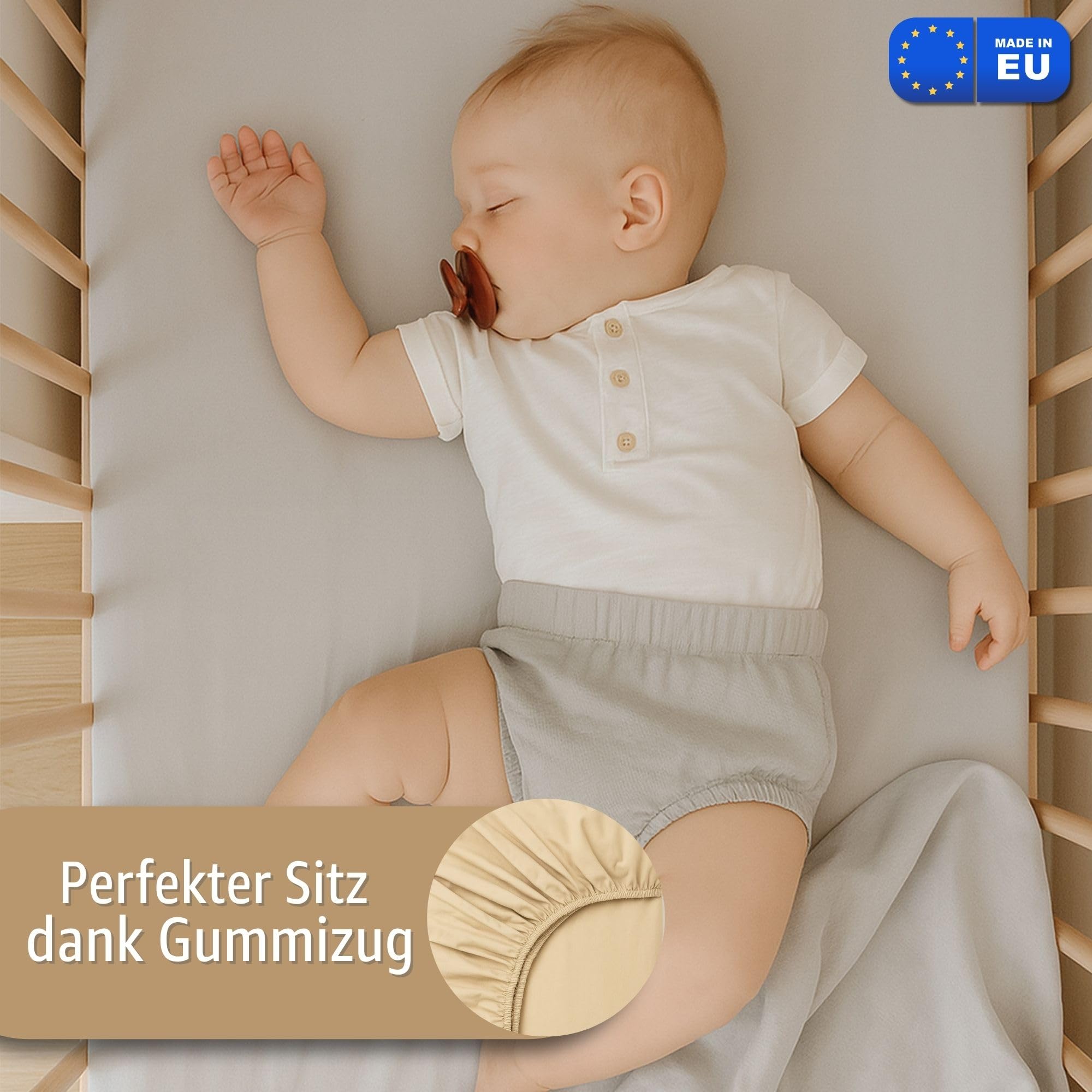 Lenzuola con angoli per passeggino: Set di 3: 75 x 35 cm - 2 lenzuola + 1 coprimaterasso impermeabile - Accessori per lettino per culla co-sleeping carrozzina Beige con stelle bianche