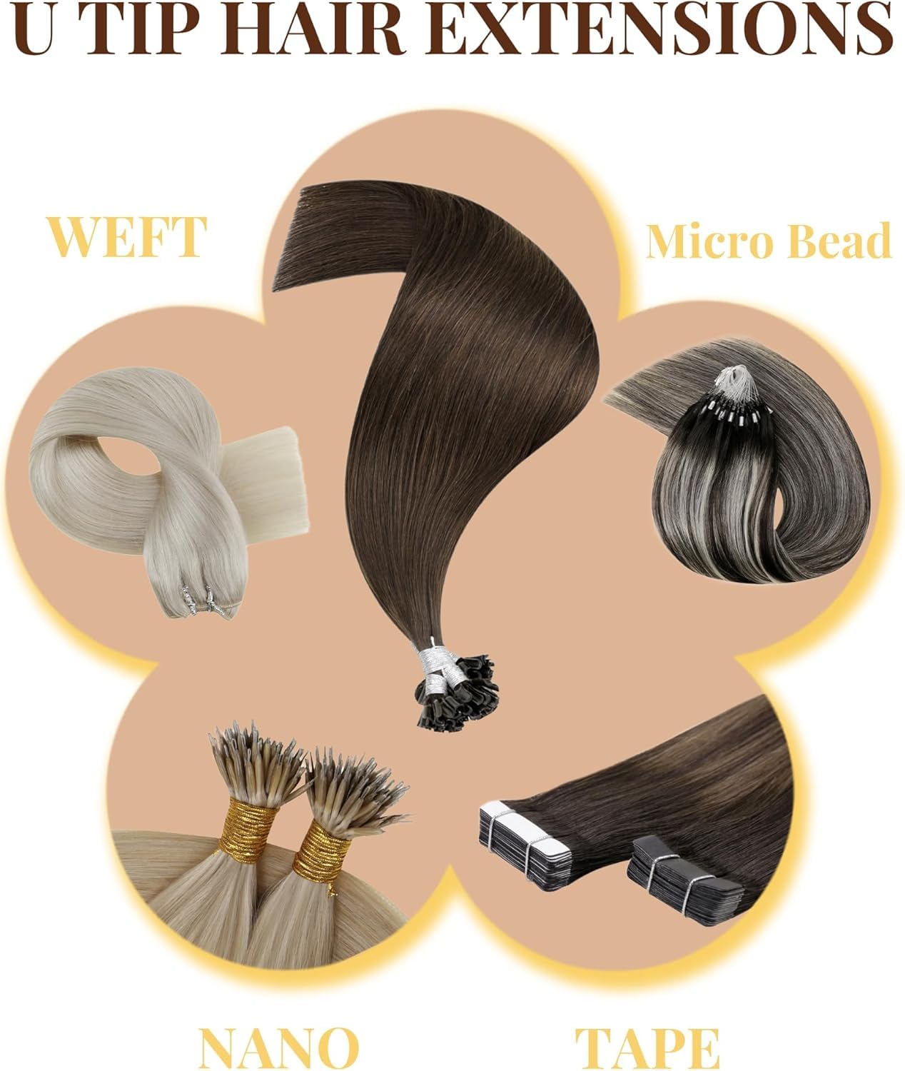 Hetto Extension Capelli Veri Cheratina Balayage Marrone scuro & Marrone dorato - Remy Capelli Umani U Tip Estensioni, Invisibile Adesive, Look Naturale per Uso Quotidiano 50g 50ciocche 45cm
