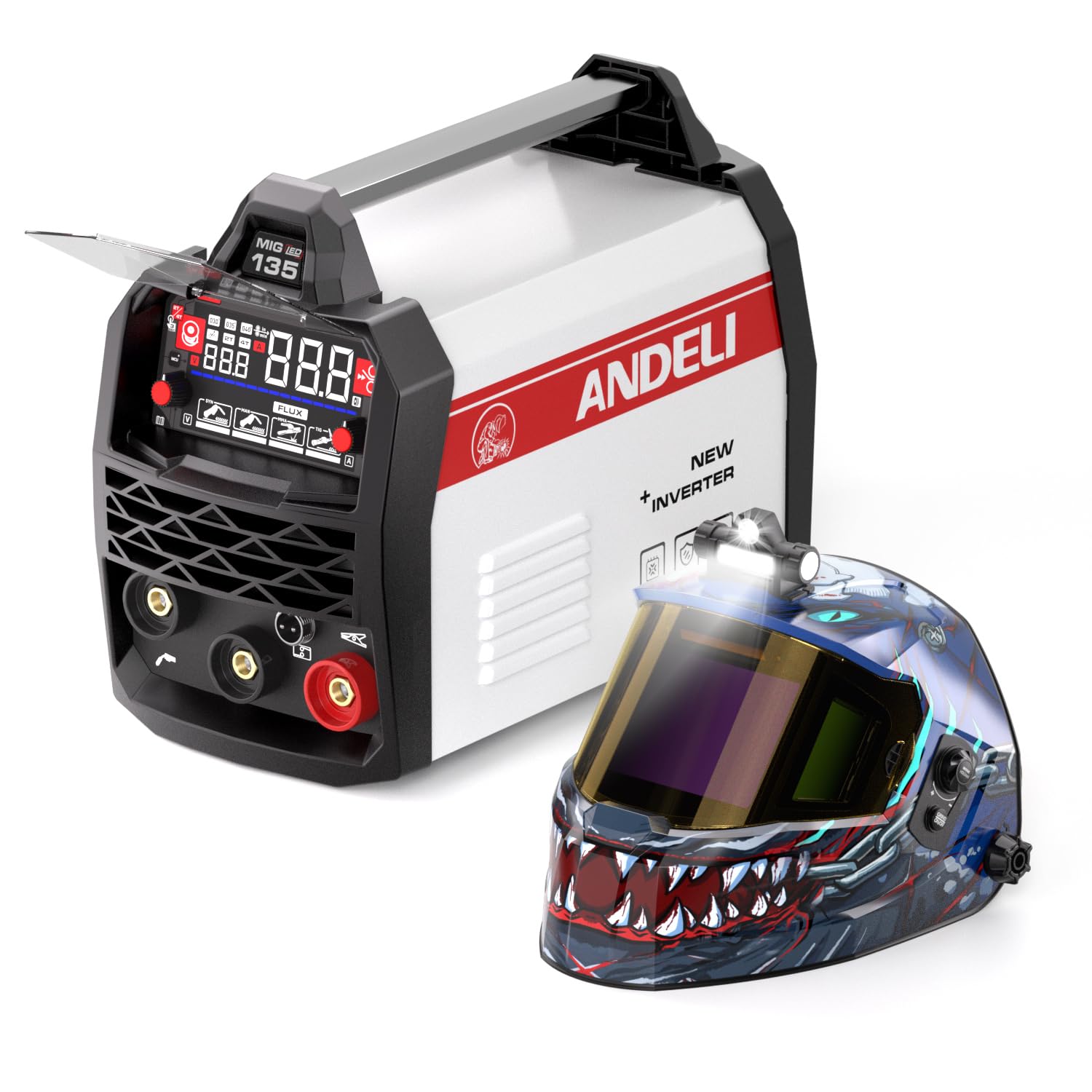 ANDELI MIG 135A Soldadora 4 en 1: MIG sin Gas con PULSO/MIG sin Gas Clásico/Lift TIG/MMA, ANDELI Máscara Soldar Automática Digital con Luz LED