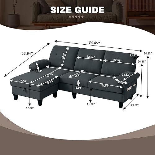 Miniatura 2 de Sofá modular convertible de 85 pulgadas, sofá en forma de L con otomana de almacenamiento, sofá de fibra de poliéster de 3 plazas para sala de