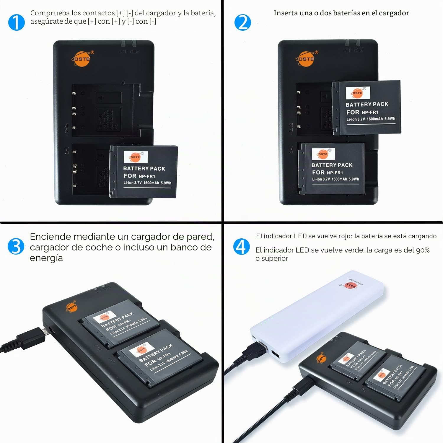 NP-FR1 - Batería Recargable y Cargador Dual Compatible con cámaras Sony DSC-F88, DSC-P100, DSC-P120, DSC-P150, DSC-P200, DSC-P200/B, DSC-P200/R, DSC-P200/S, etc.