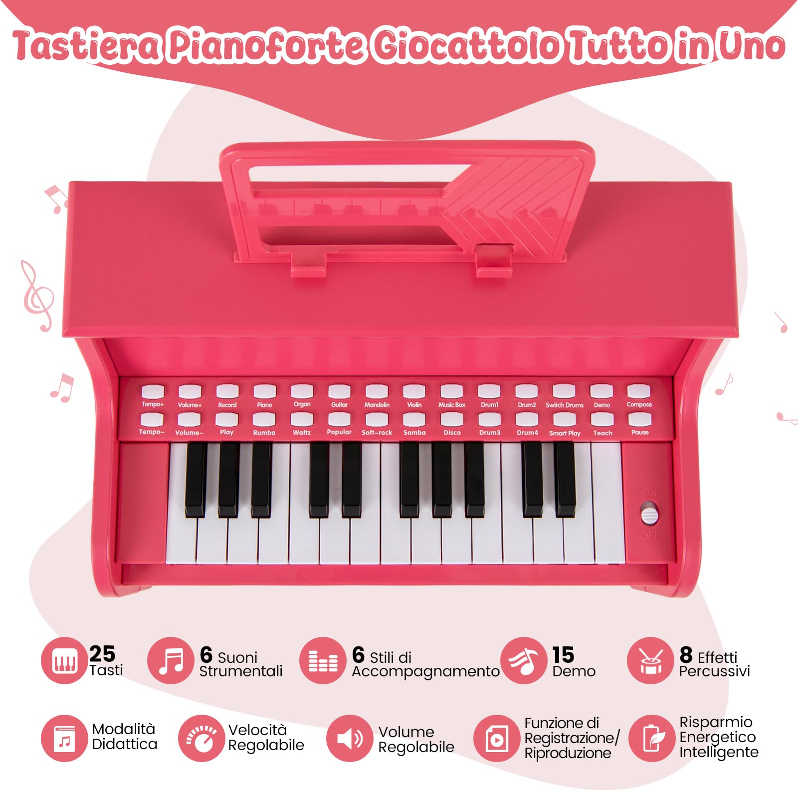 GYMAX Pianoforte Digitale in Legno per Bambini, Tastiera a 25 Tasti con Leggio, Sgabello, Tasti Illuminati, Modalità Didattica, 6 Strumenti e 8 Percussioni, Strumento Musicale (Rosa)