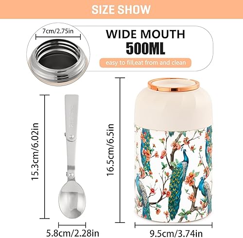 Miniatura 3 de Tarro de comida de pavo real con cuchara de acero inoxidable aislado al vacío, contenedor de alimentos de 17 onzas para adultos