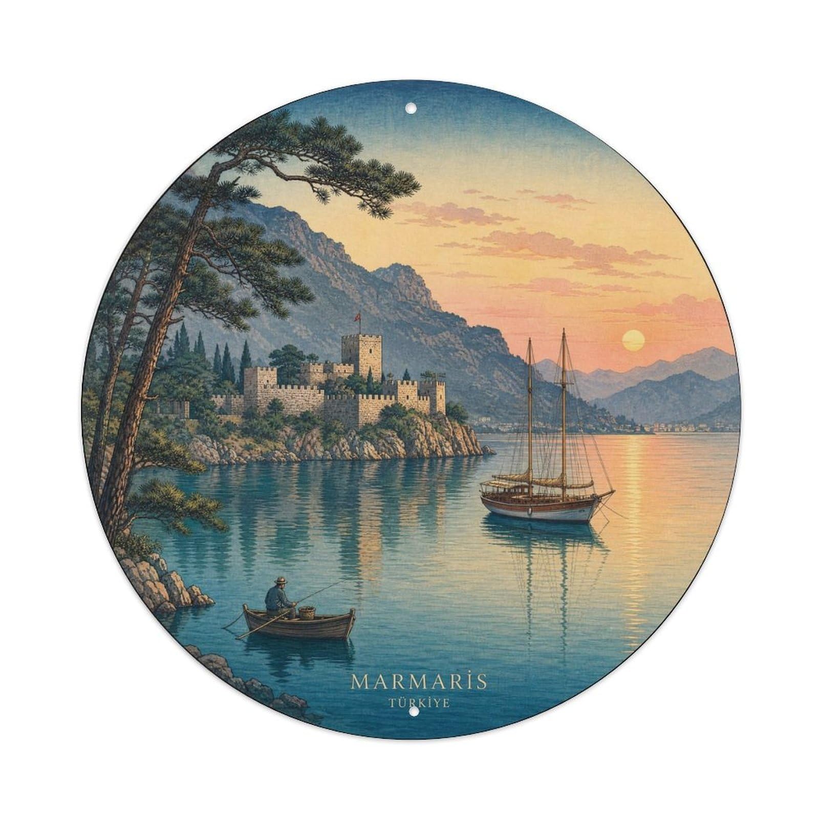 Marmaris Mugla Turkey Coastal Harbor Travel Woodblock Metal Tin Sign