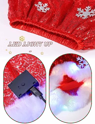 Miniatura 5 de REETAN Falda de lentejuelas de Navidad iluminada con copo de nieve, falda de vientre de Navidad brillante para mujeres y niñas, color rojo, Rojo -