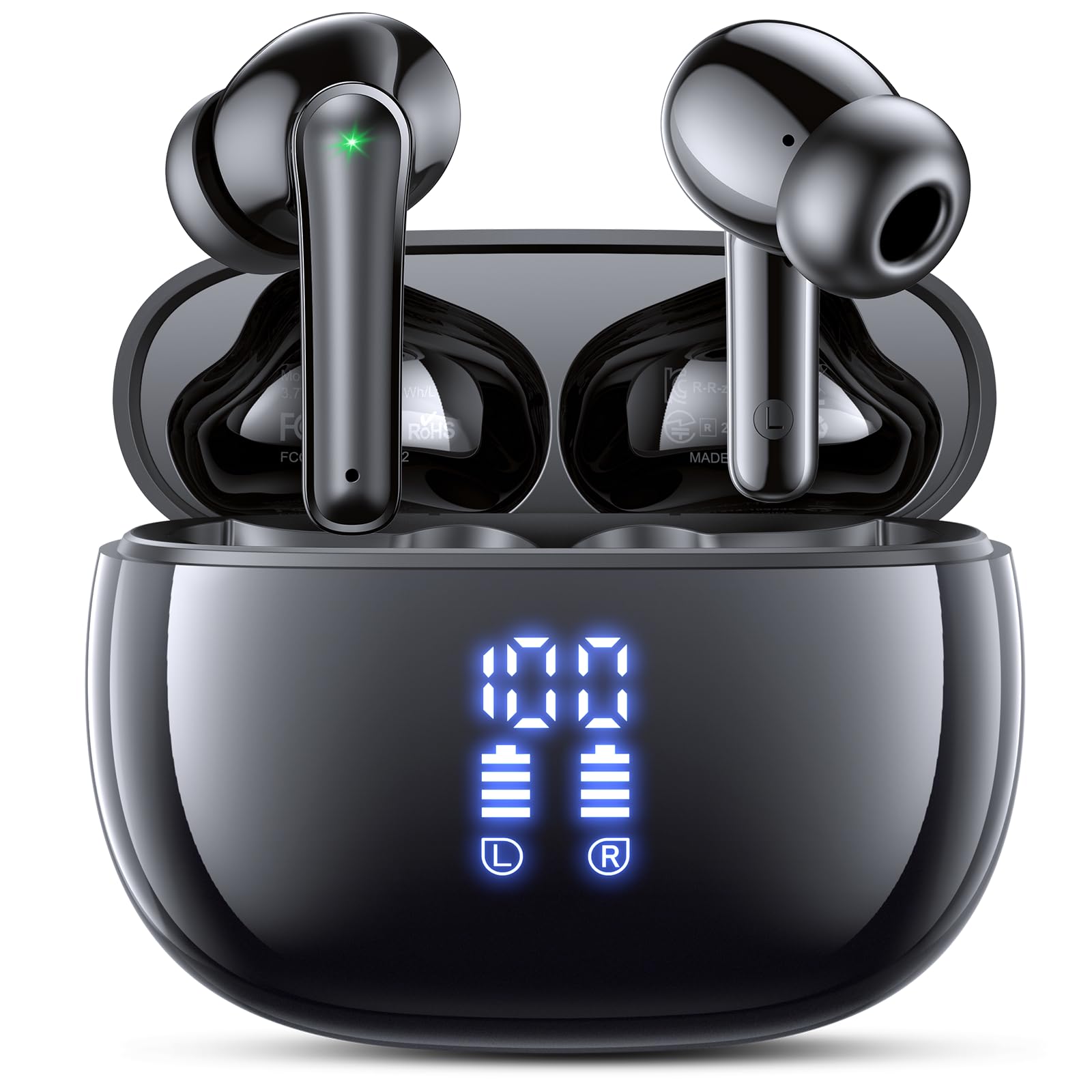 ZIUTY Bluetooth 5.3 Kopfhörer Kabellos, In Ear Bluetooth Kopfhörer mit 4 ENC Mikrofonen, 48 Std Spielzeit, LED Anzeige, HiFi Stereo Sound, IPX7 wasserdichte Sport Kopfhörer – Schwarz