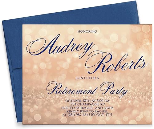 Modern Pink Paper Invitación elegante para cena de jubilación, invitaciones de fiesta de jubilación con purpurina dorada champán, tu elección de