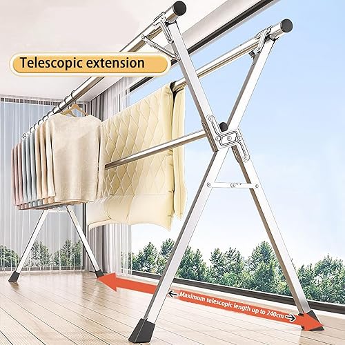 Miniatura 5 de Estante de secado de ropa de acero inoxidable con ruedas, 95 pulgadas, resistente, plegable y extensible, para uso en interiores y exteriores,