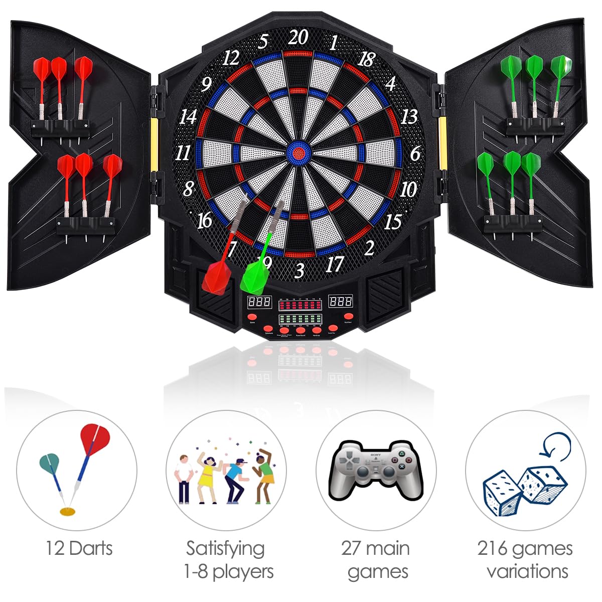 HOMASIS Set di freccette elettroniche con 12 freccette schermo a LED, bersaglio elettronico pieghevole con 27 giochi e 216 varianti per 1-8 giocatori,bersaglio digitale freccette in bar, casa,ufficio