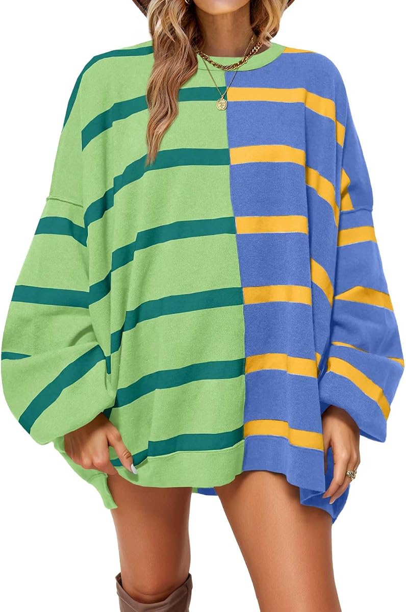 Fisoew Womens Striped Pullover Sweater Crew Neck Long Sleeve Loose Sweaters | Fisoew Womens Striped Pullover Sweater Crew Neck Long Sleeve Knitted Color Block Casual Loose Lightweight Sweaters for Women