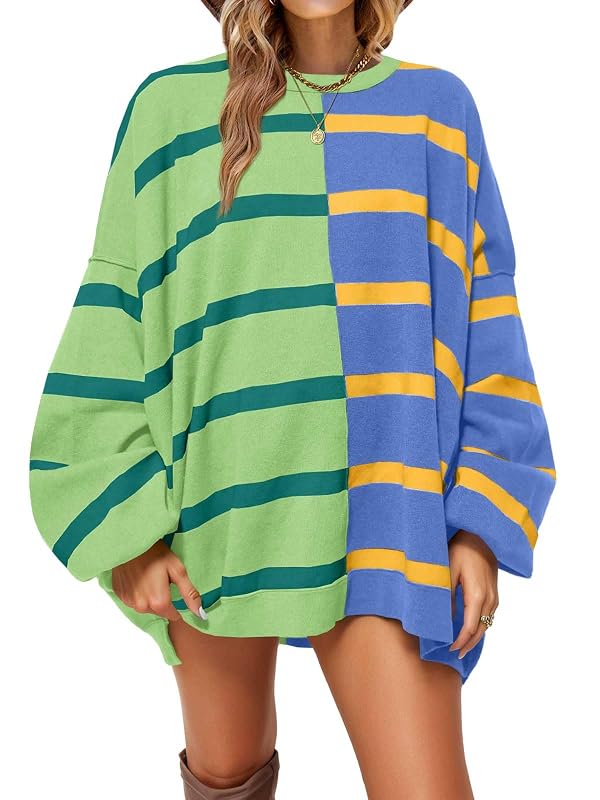 Fisoew Womens Striped Pullover Sweater Crew Neck Long Sleeve Knitted Color Block Casual Loose Lightweight Sweaters for Women by Fisoew - Used condition - US$12.79