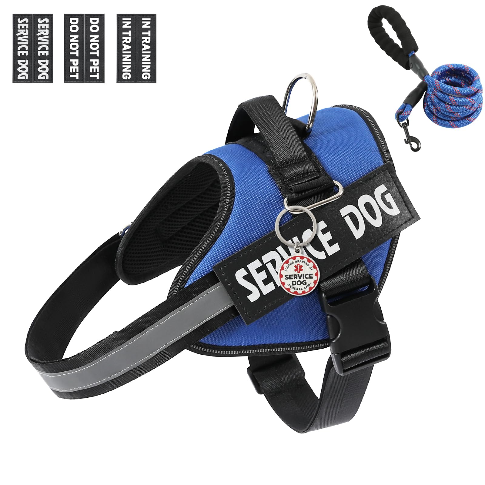 VOOPET Service Dog Vest Harness+ ID Tag and Leash Set+6 Patches,No Pull&Adjustable Reflective Dog Harness for Training,Suitable for Small Medium and Large Dogs.