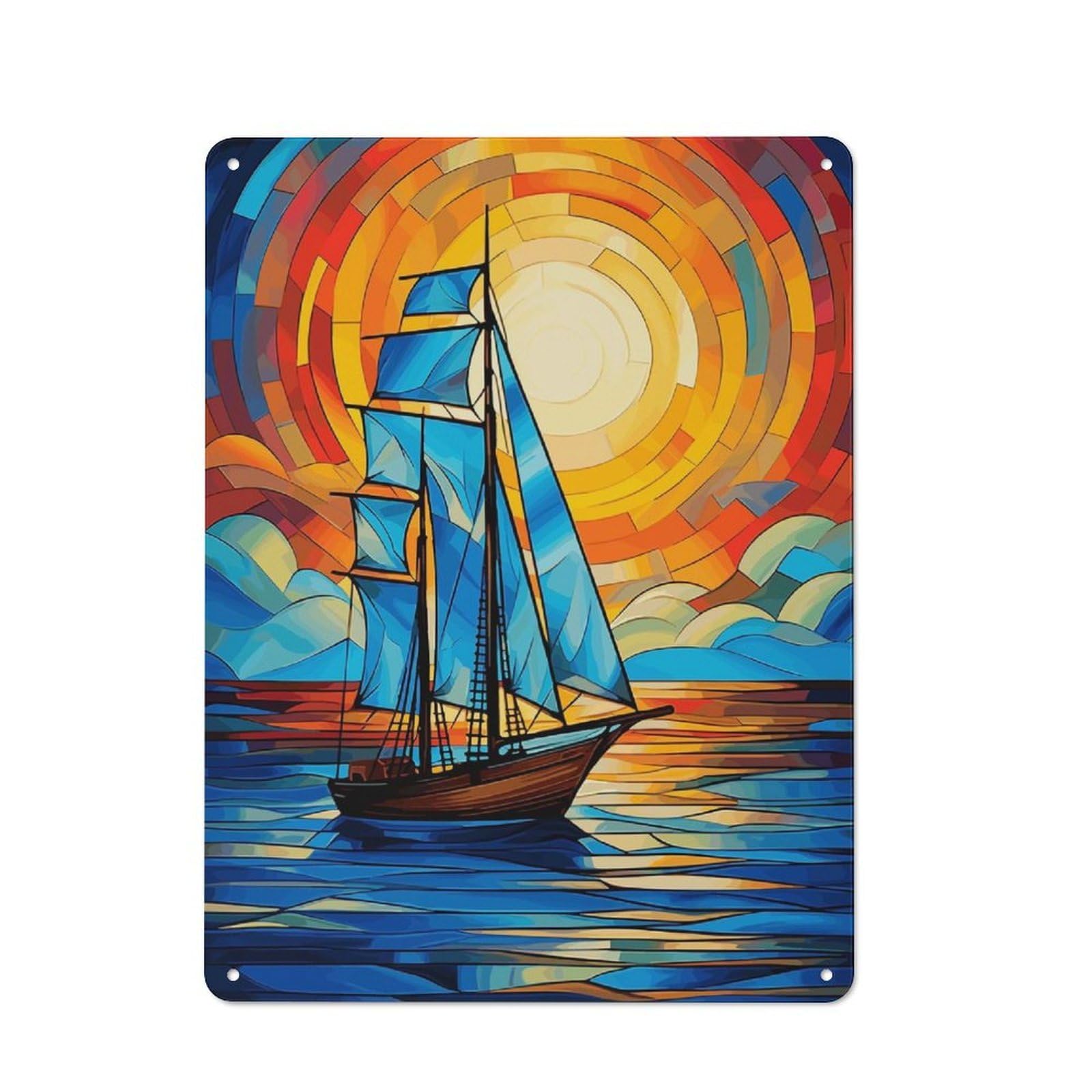 Metal Wall Sign 40x30cm Featuring Sailboat Stained Glass for Living Room Wall, for Metal Sign Collectors, for Garage And Workshop Walls