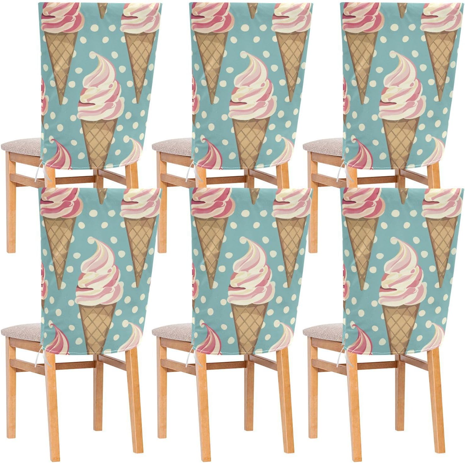 ALAZA Ice Cream Polka Dots Chair Back Cover Set of 6, Washable Reusable Removable Chair Slipcovers Decorative Chair Cover for Home Kitchen Wedding Party