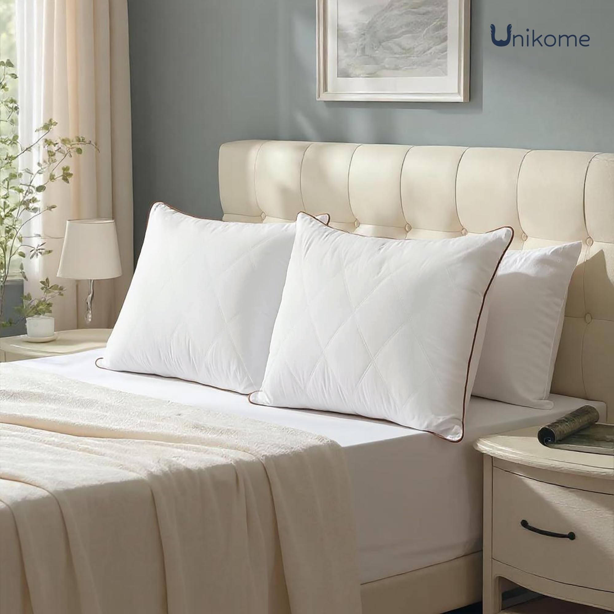 UNIKOME Almohada de plumón 65x65cm, Almohada de plumón de Ganso Juego de 2, Almohada de Plumas Blancas, Lujosa Almohada de Plumas y plumón núcleo, Tejido 100% algodón, Lavable a máquina, Oeko-Tex | Almohada de plumas, relleno de plumón, 100% algodón orgán