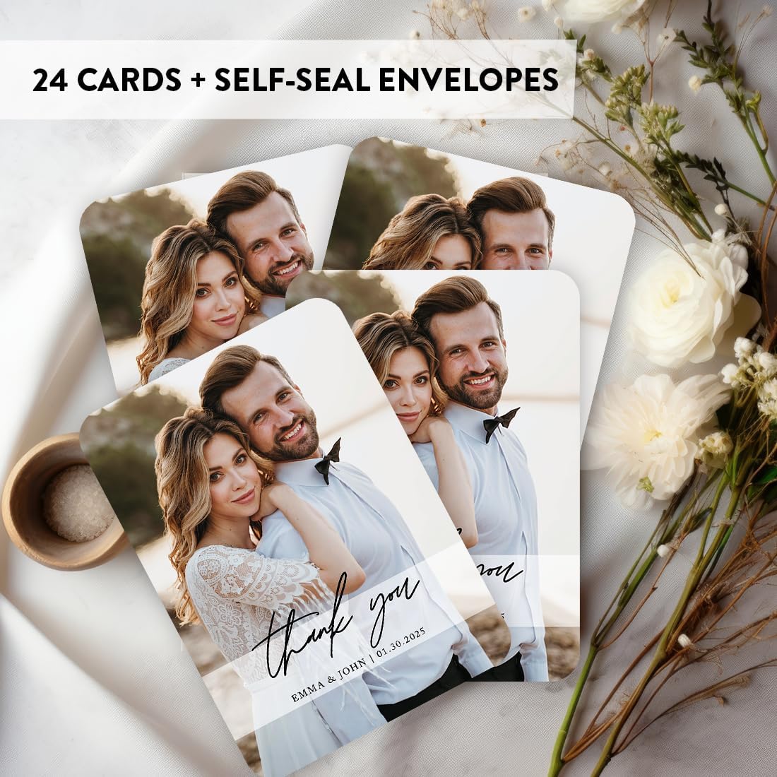 Andaz Press Personalized 5x7 Inch Photo Wedding Thank You Cards with Envelopes, Modern Wedding Thank You Card with Message, Custom Photo, Name, and Date, Thank You Notes, Bulk 24-Pack