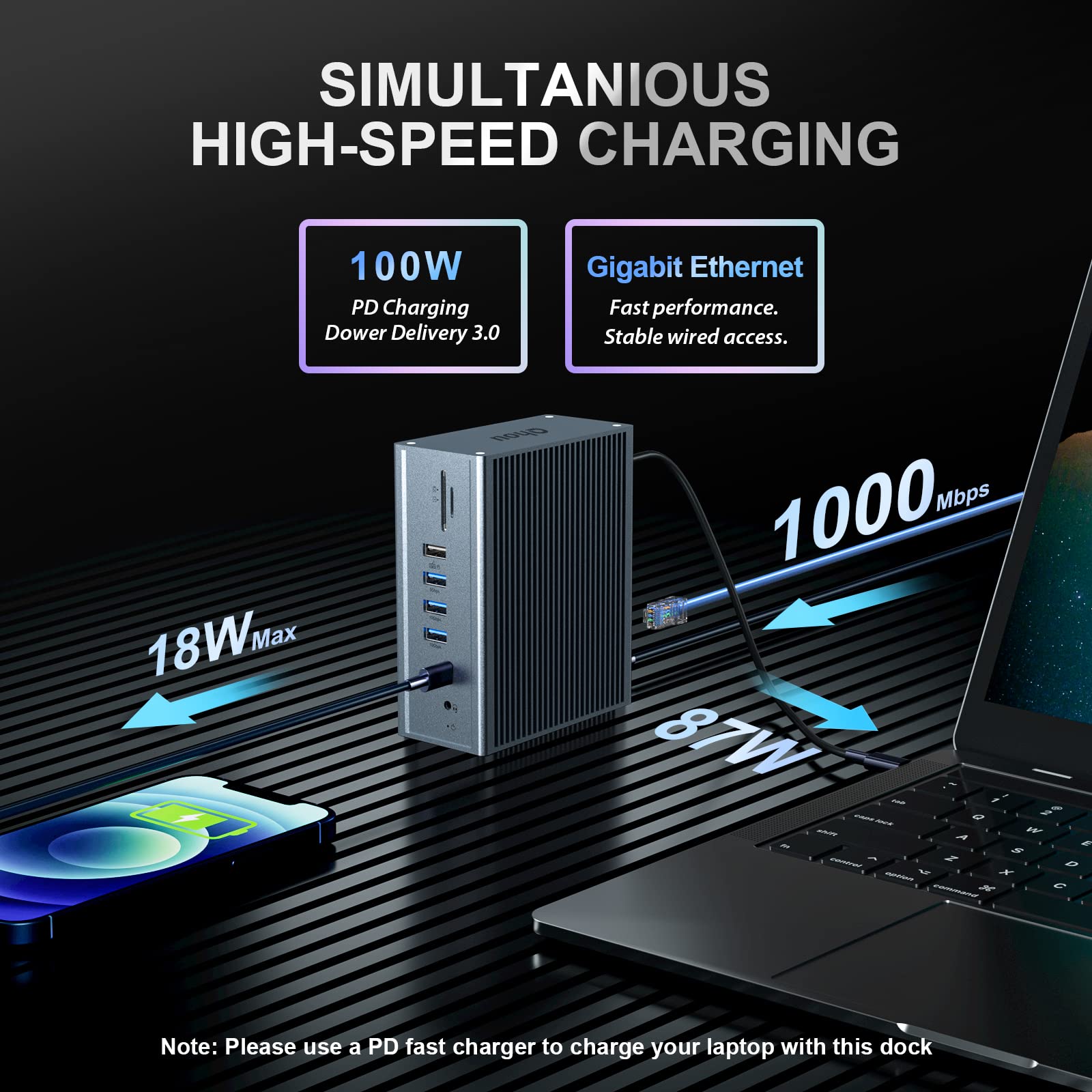 Qhou Docking Station USB-C 16 in 1 Docking Station USB C, tripla HDMI, 100 W PD, Ethernet, audio da 3,5 mm, 2 USB A e USB C, SD/TF per computer portatili Mac Pro/Air e Thunderbolt 3