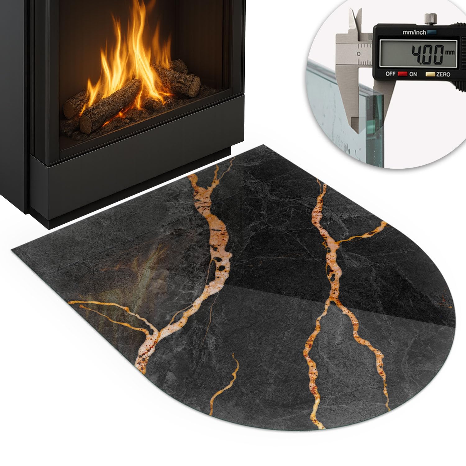 Funkenschutzplatte für Kamin 80x70 cm Dekorative Glasbodenplatte Glasboden Hitzeschutz Halbrund Schutzplatte Hartglas Elegantes Design Stilvollem Motiv - Eleganter Marmor mit Adern