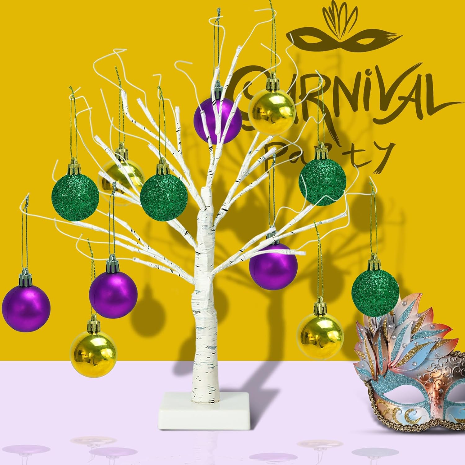 [Timer] 24'' Mardi Gras Lighted Tabletop Birch Tree with 12pcs Ball Ornaments,8 Lighting Modes Green and Purple Lights Pre-lit Twig Birch Tree for Mardi Gras Decor