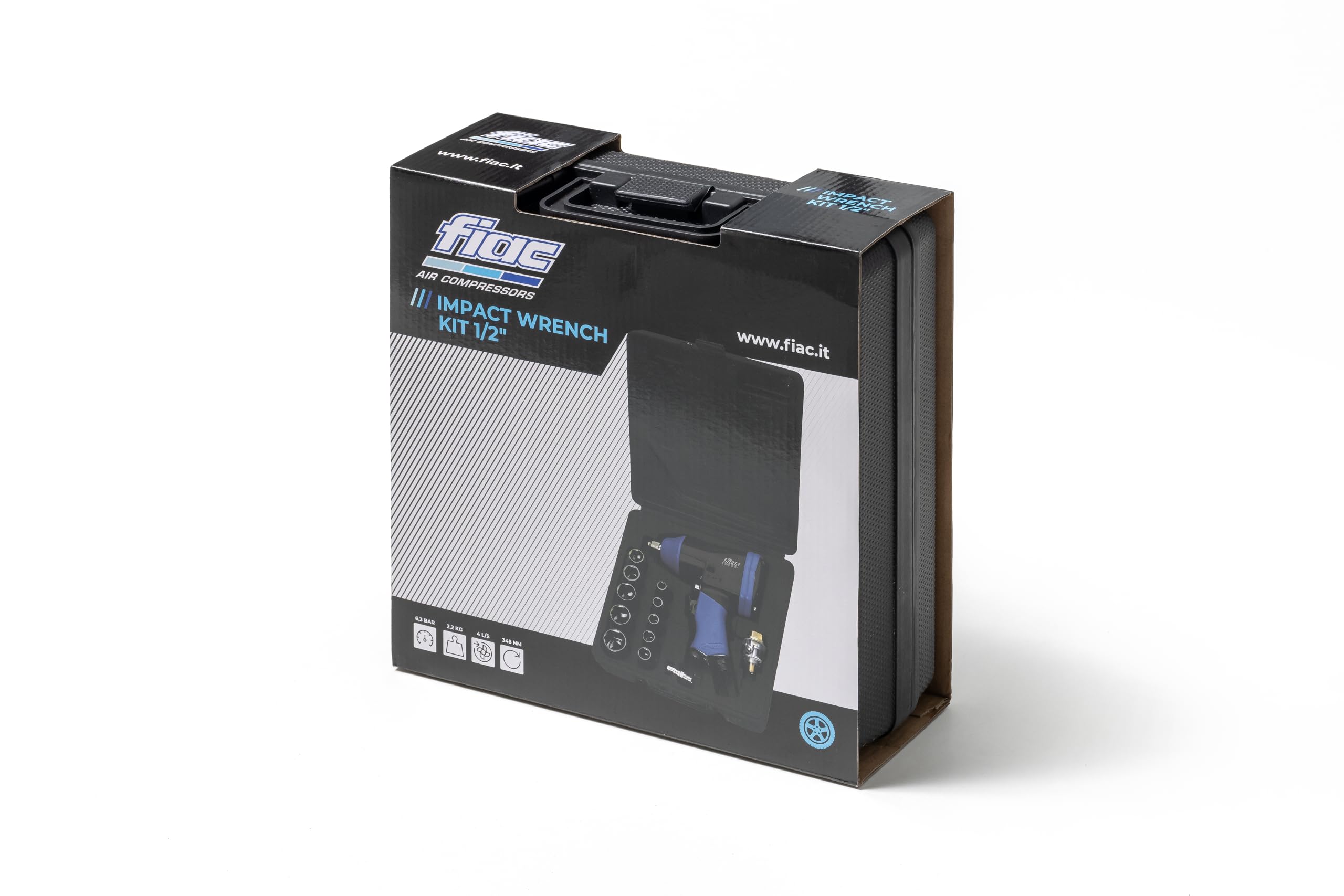 FIAC Avvitatore Pneumatico a Massa Battente 1⁄2" 1086, Pistola Pneumatica 10 Chiavi a Bussola + Prolunga da 100 mm + Mini Lubrificatore + Bottiglia di Plastica, Inclusa Valigetta, Coppia 345 Nm, Nera