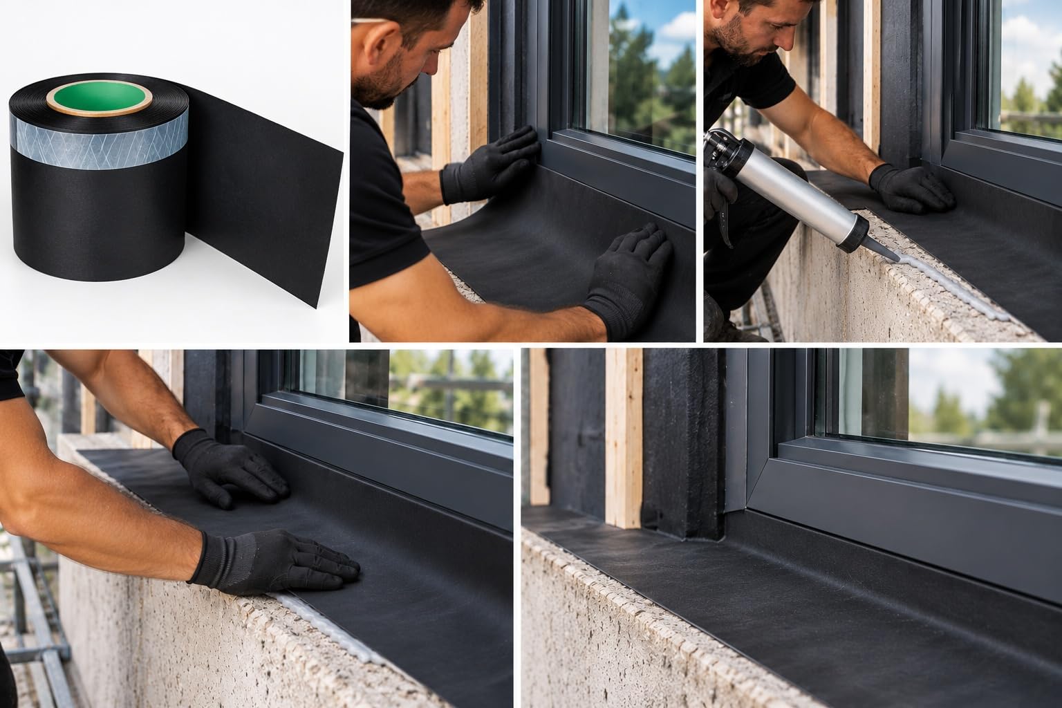 EPDM Folie 100 mm x 20 m – flexible, wasserdichte und diffusionsoffene Abdichtungsfolie mit Selbstklebestreifen für Fenster, Türen, Anschlüsse und Sockel im Außenbereich (100 mm)