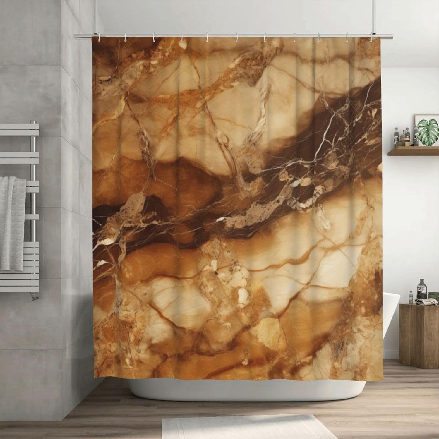 Brown Shower Curtain, White Abstract Natural Marble Boho Shower Curtain Set, Luxury Texture Farmhouse Fabric Bathroom Curtains with 12 Hooks 72x72in YLADW945