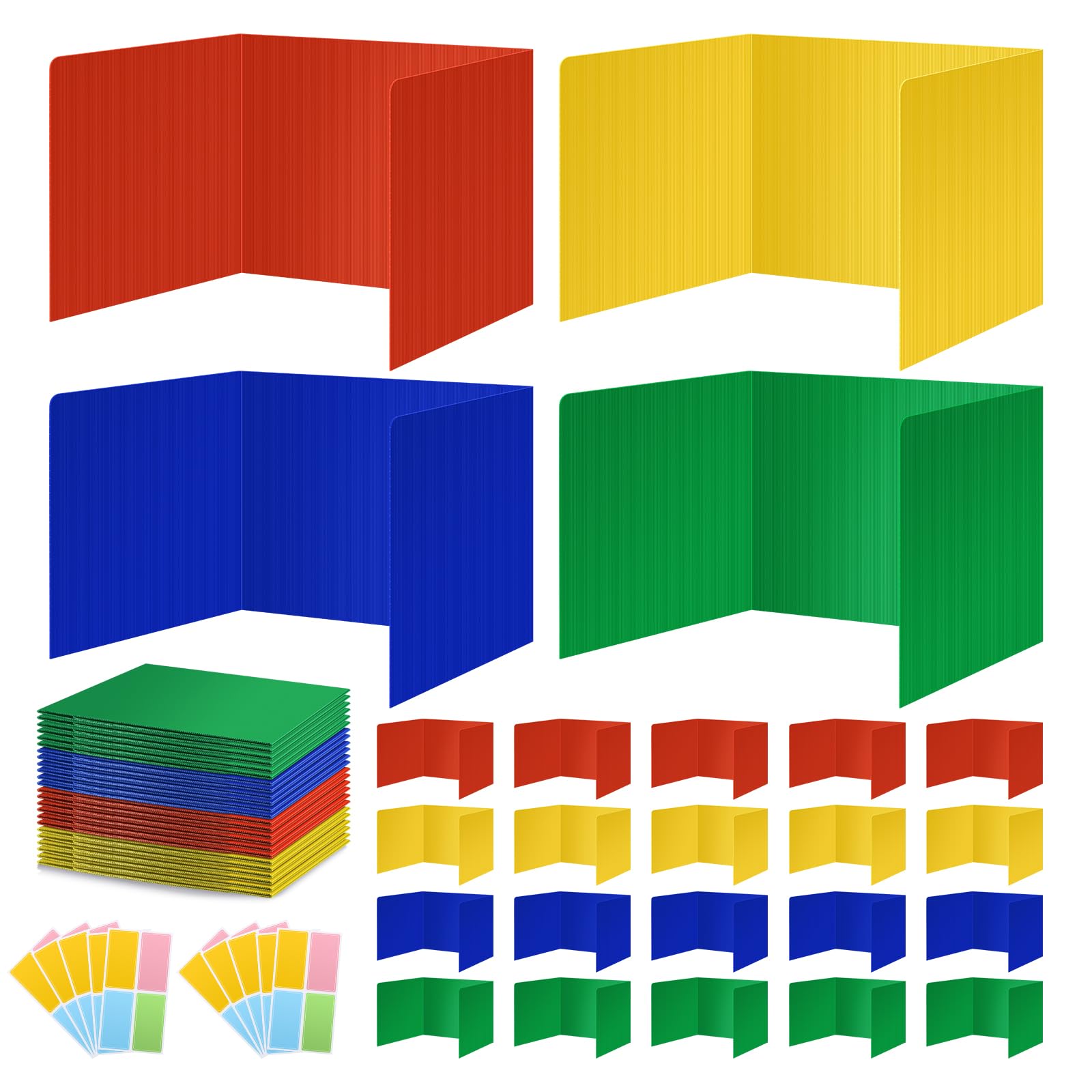 24 pack colorful privacy floders for student desks - durable plastic erasable - testing dividers for classroom - easy clean privacy shields for student testing desk dividers- includes extra labels
