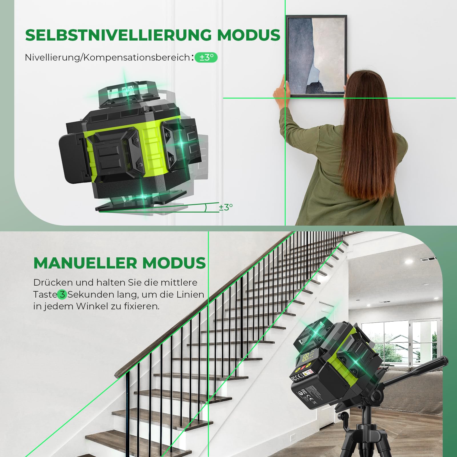 Kreuzlinienlaser Grün 16 Linien Nivellierlaser mit Stativ, 4 x 360 ° Laser wasserwaage, linienlaser kreuzlaser selbstnivellierend für Innenbereich Baustelle, 2 x Batterie Vermessungskabine