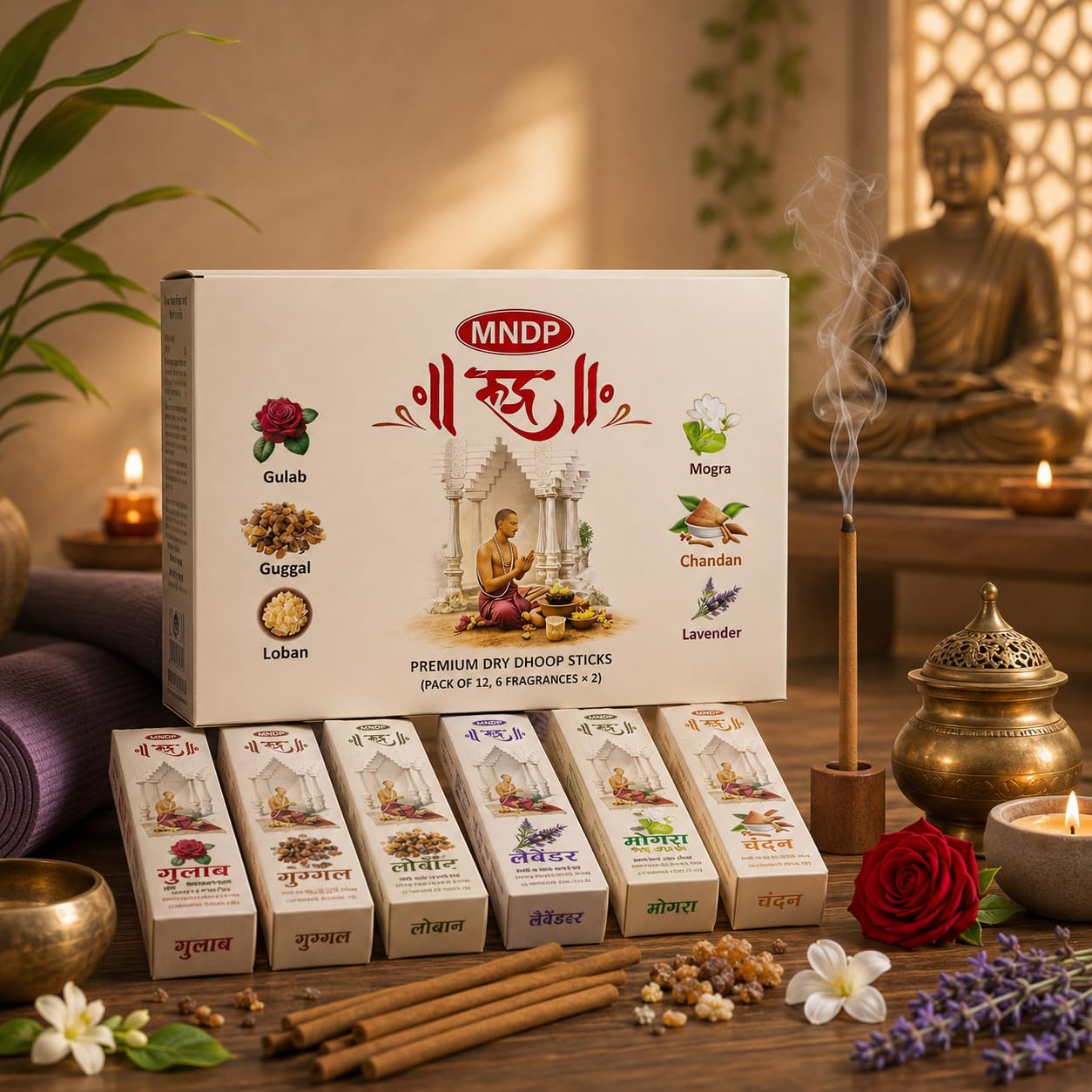 MNDP RUDR Premium Assorted Dhoop Sticks for Pooja (Pack of 12, 6 Fragrances x 2) – Guggal, Gulab, Lavender, Loban, Mogra, Chandan – 120 Bambooless Sticks with Holder-image-25