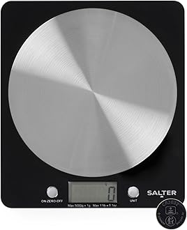 Salter 1036 BKSSDR Electronic Kitchen Scale – Digital Baking Scale with 5kg Capacity, Food Weighing Scale with Stainless Steel Disc Platform, LCD Display, Add & Weigh/Tare Function, Measure Liquids