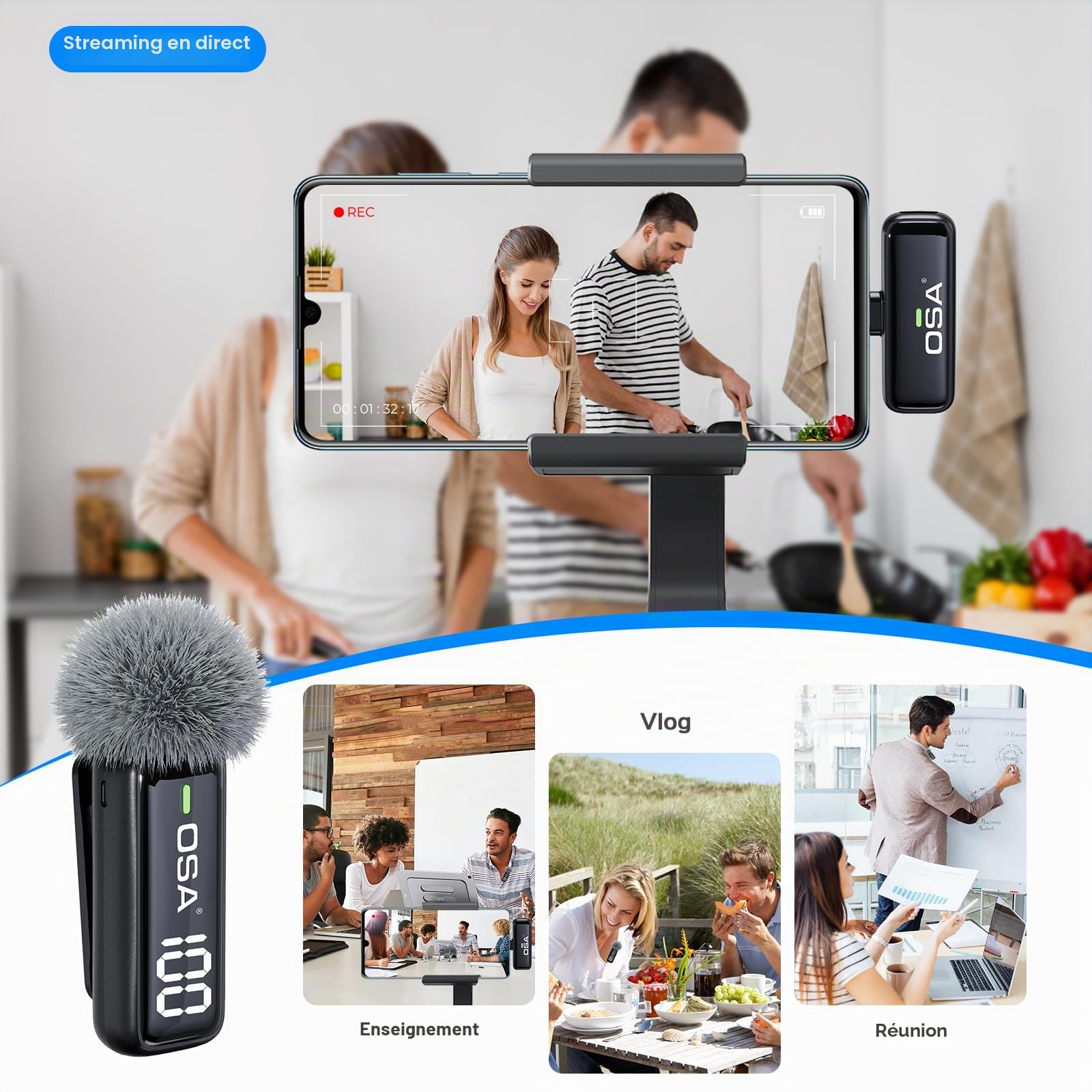 OSA Lot de 2 Microphones Lavalier pour téléphone avec étui de Chargement et émetteur Affichage numérique – pour iPhone, iPad, Android, Enregistrement, Enregistrement vidéo Professionnel