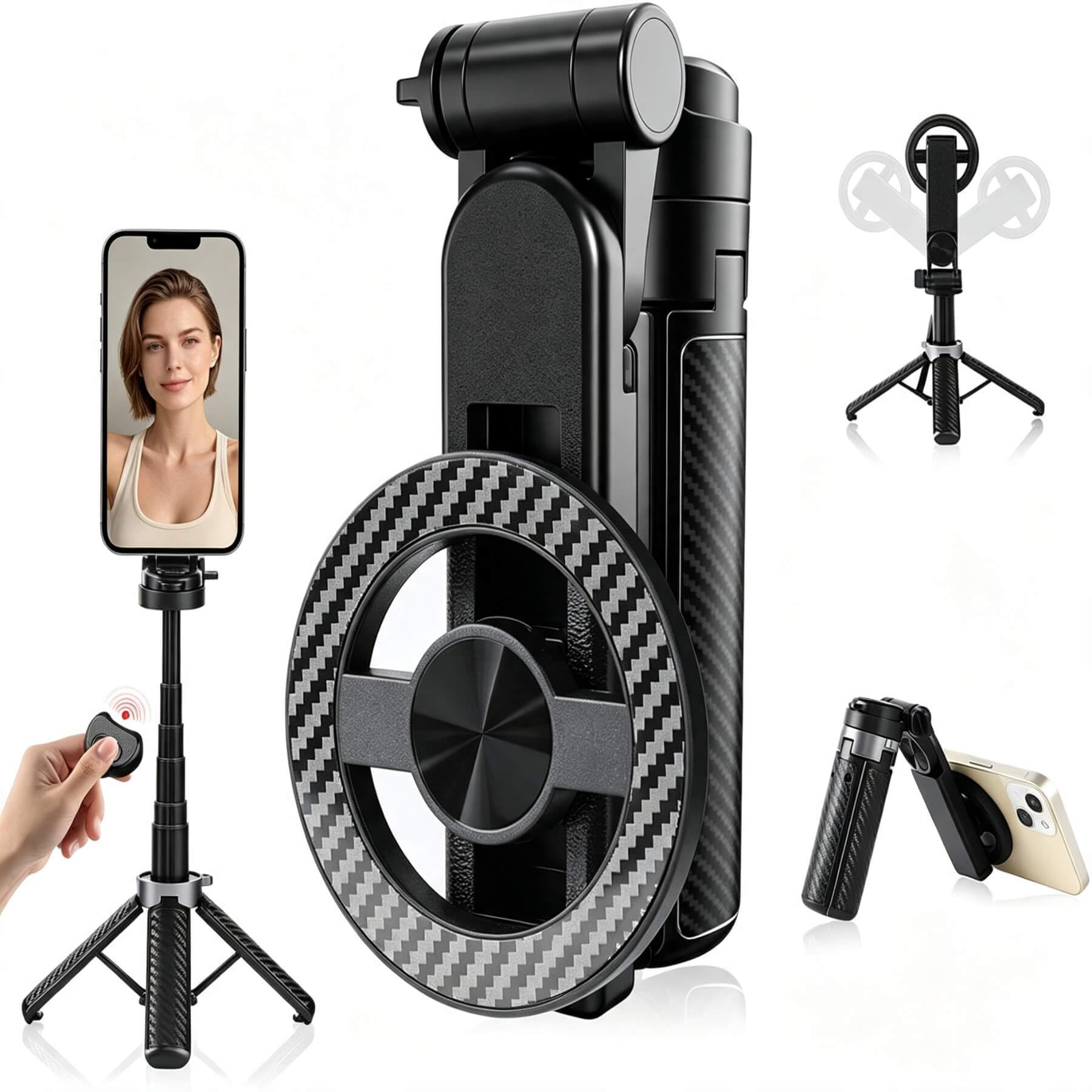 Bastone Selfie Magnetico con Treppiede – Magnete N52 potente, Telecomando Bluetooth con Zoom e 20m di portata, Mini 11,5cm, Piedino a 4 gambe, Rotazione 360° – Per Vlogging e Live Streaming