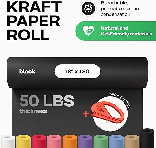 Vista 198 de Rollo de papel kraft marrón de 24 x 1800 pulgadas (150 pies) con cortador, papel de calidad fabricado en Estados Unidos, 50 libras de grosor