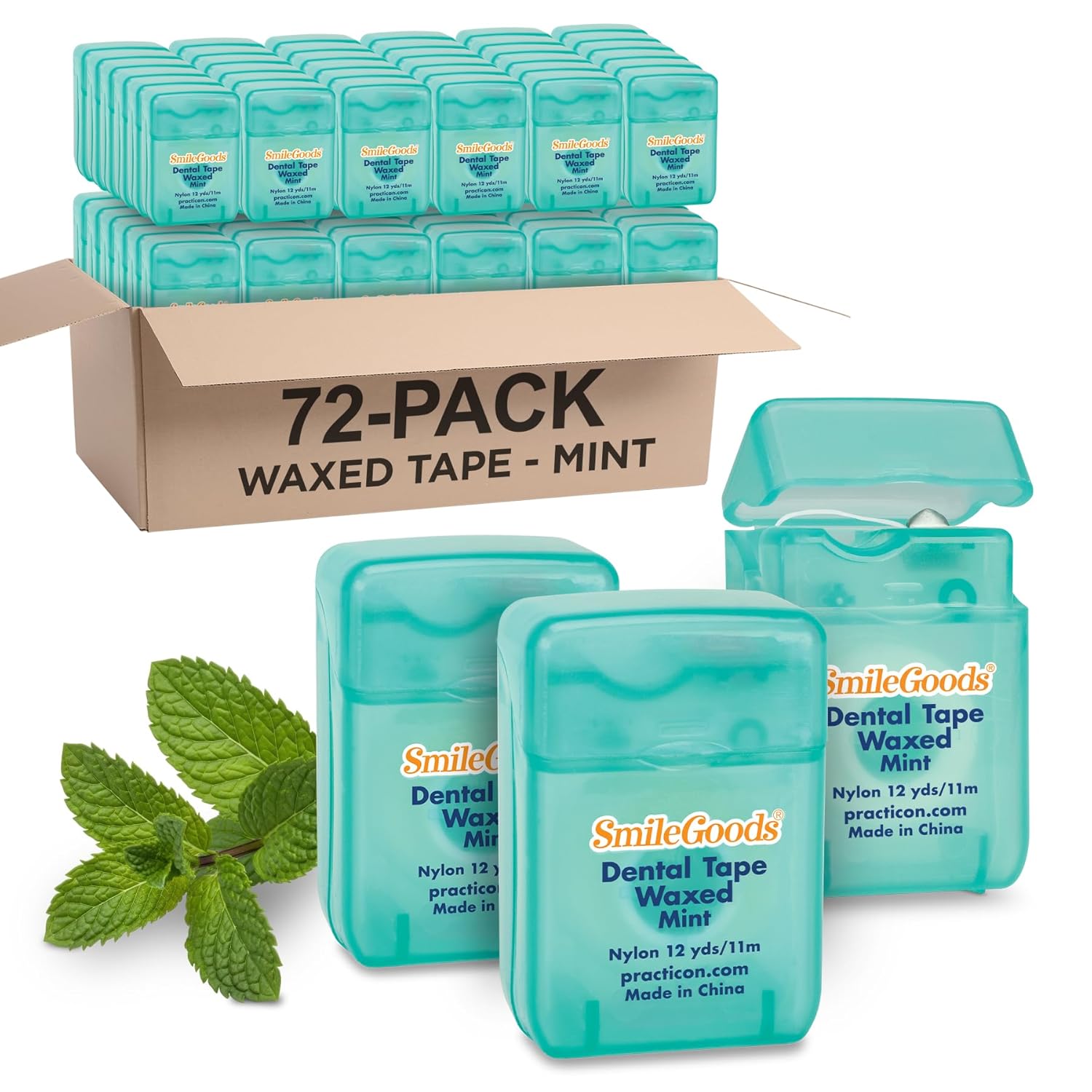 SmileGoods Mint Waxed 12 Yard Dental Tape, Shred Resistant Nylon Tape Floss, Mini Sample Size for Giveaways, Travel, Kids, Adults, Patients, Bulk Pack of 72