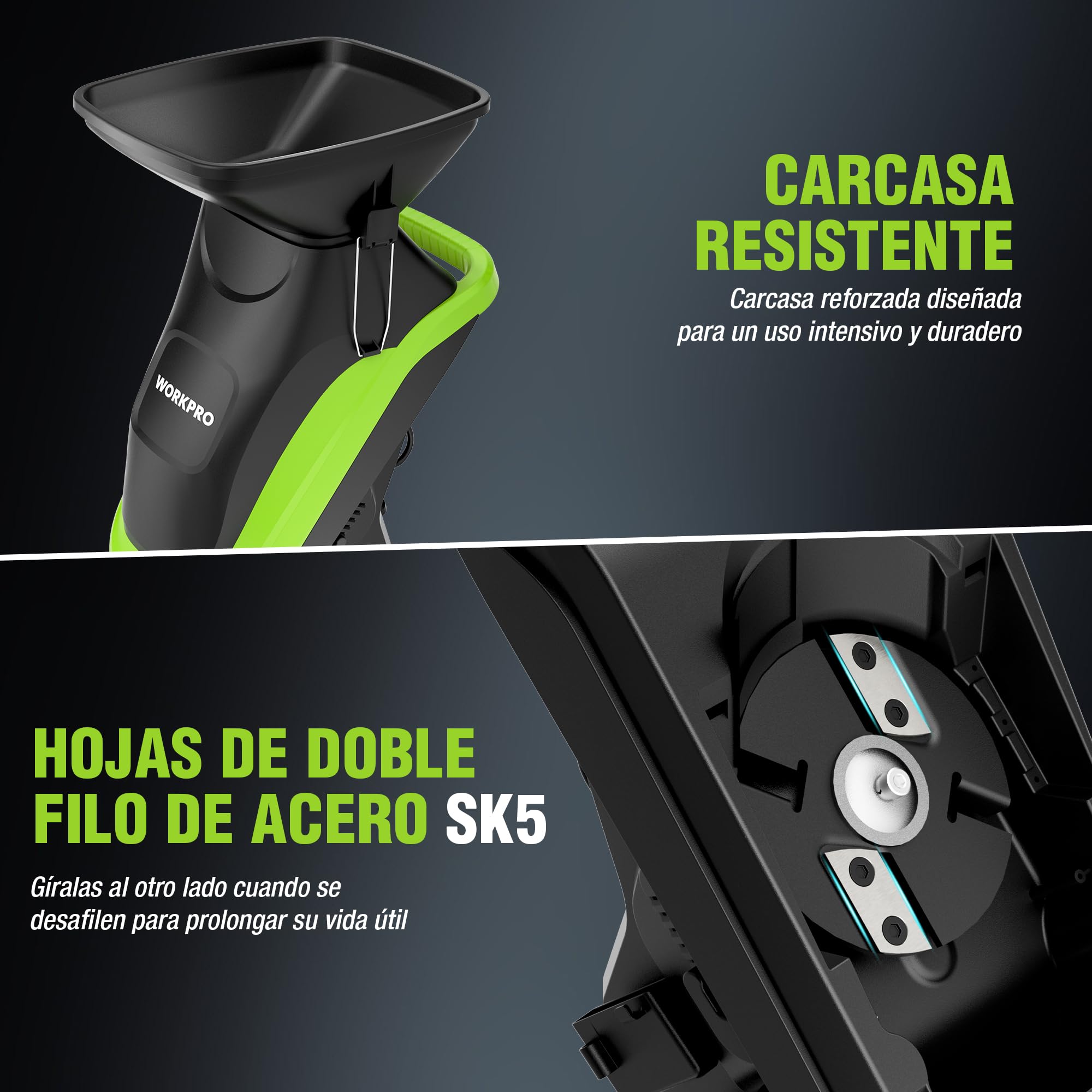 WORKPRO Trituradora de Jardin Eléctrica Cuchillas 2500W con Tijeras de Podar, Biotrituradora de Ramas Ø44 mm, 4300 RPM, Trituradora de Hojas con 2 Bolsas de 45 L, Trituradora para Residuos de Jardín